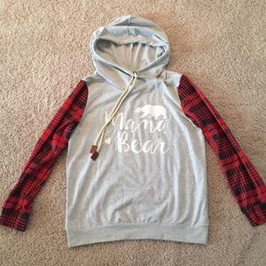 Mama Bear Grey & Red Plaid Hoodie sz S